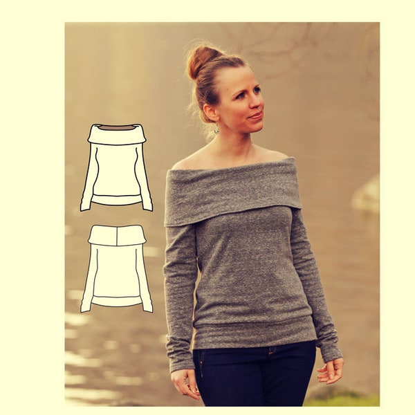 Womens Shirt Pattern. Pullover Pattern, off-the-shoulder sweatshirt pattern. Sweater Sewing pattern.