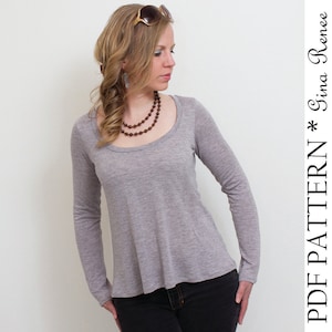 Womens Shirt Pattern. Ladies Tee Shirt Pattern. Flared Tee pattern.