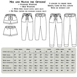 May include: A chart with size measurements for women's pants and shorts. The chart includes measurements in inches and centimeters for extra small, small, medium, large, extra large, and XXL sizes. The chart also includes measurements for chest, waist, and hip.