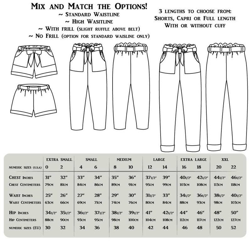 May include: A chart with size measurements for women's pants and shorts. The chart includes measurements in inches and centimeters for extra small, small, medium, large, extra large, and XXL sizes. The chart also includes measurements for chest, waist, and hip.