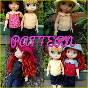 May include: Four dolls wearing different outfits. The dolls are wearing a yellow tank top and blue jeans, a pink and white floral top and blue jeans, a yellow floral top and blue jeans, and a red top and blue jeans. The dolls are all wearing different hats. The dolls are all standing in front of a green background. The word "PATTERN" is written in pink letters across the middle of the image.