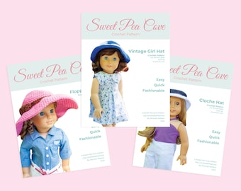 PDF Crochet Hat PACK PATTERN for 18 inch dolls like American Girl, Vintage, diy, Doll Clothes, Doll Accessories, Retro, Digital Download