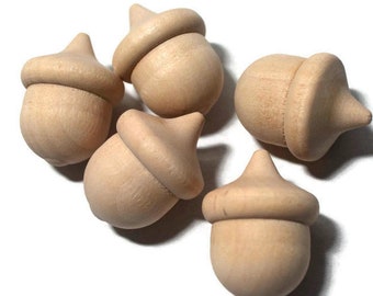 Wooden Acorns - 1-3/8" - Set of 5 Unfinished Wood Acorns - 1" Wide - DIY Fall Autumn Decor - Woodland