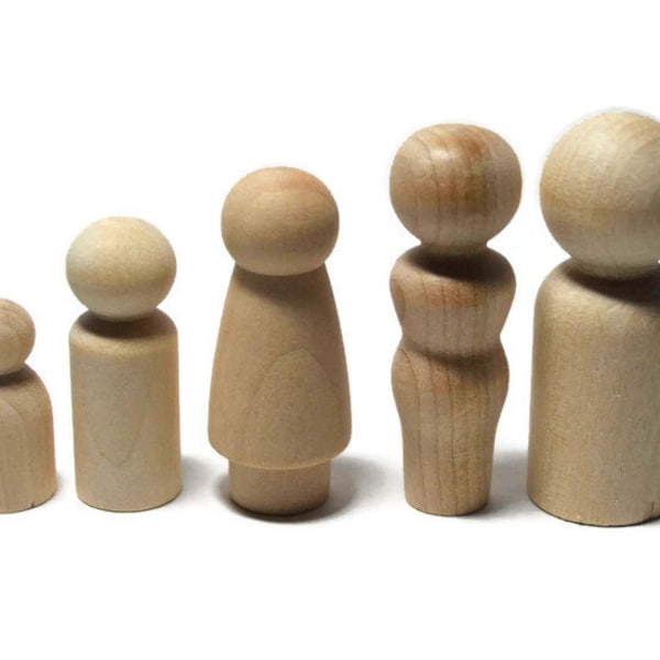 Wood Peg People Family - Set of 5 - Unfinished Wood - Wood Peg Dolls - DIY Family - Wooden Little People - Game Pieces - Peg Doll Family