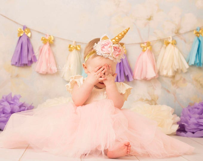 Nylon Baby Headband Pink and Ivory Unicorn Headband Pink Unicorn Bows Gold Unicorn Horn Headband Ivory Headband Unicorn Baby Headband
