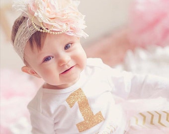 Golden Rose over the top headband, couture headband, pink and gold headband, baby headband, over the top bow, cream headband, hair accessory