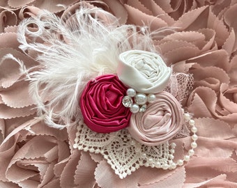 Hot pink, blush and ivory couture headband, over the top bow, ott bow, couture hair clip, 1st birthday bow, m2m dollcake headband, pink bow