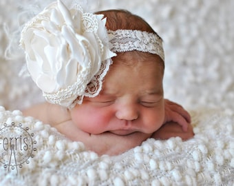 Whipped Cream over the top Headband, couture headband, over the top bow, baby headband, flower headband, ivory headband, newborn headband