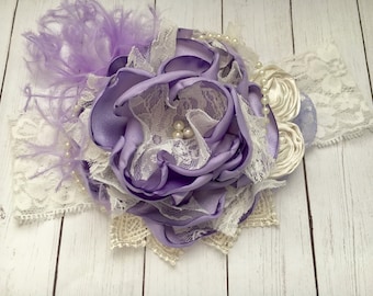 Lavender and ivory couture headband, baby headband, ott bow, over the top bow, purple headband, birthday headband, purple and white headband