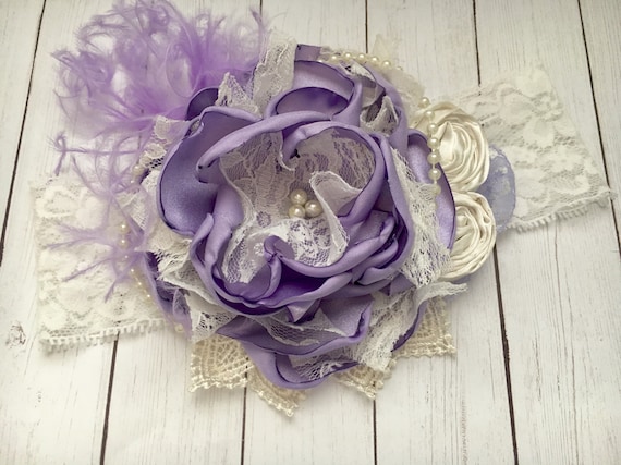 Lavender and ivory couture headband, baby headband, ott bow, over the top bow, purple headband, birthday headband, purple and white headband