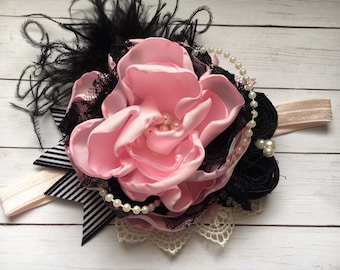 Light pink and Black couture headband, baby headband, ott bow, over the top bow, black and pink headband, birthday outfit