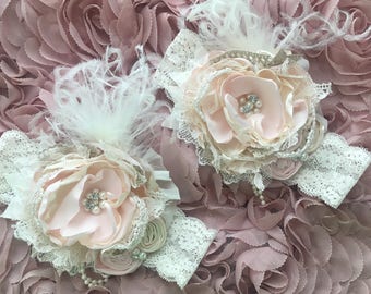 Pinky Promise blush and cream couture headband, ott bow, baby headband, blush pink headband, cream headband, over the top bow