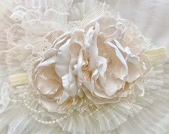 Ivory and cream couture headband, baby headband, ott now, birthday headband, over the top bow