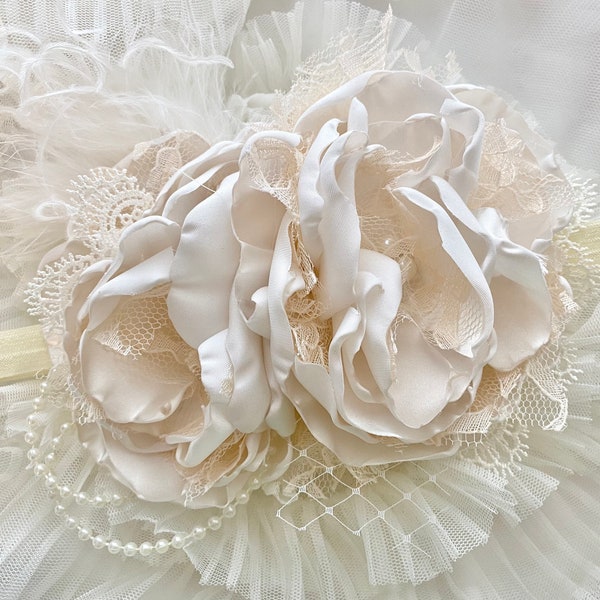 Ivory and cream couture headband, baby headband, ott now, birthday headband, over the top bow