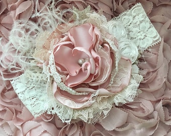 Blush pink couture headband, dusty rose headband, couture headband, baby headband, ott bow, over the top bow, newborn headband, vintage bow