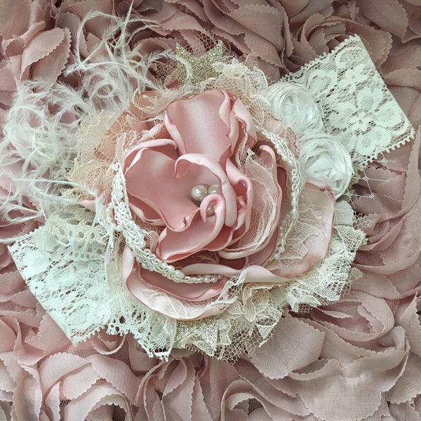 Blush pink couture headband, dusty rose headband, couture headband, baby headband, ott bow, over the top bow, newborn headband, vintage bow