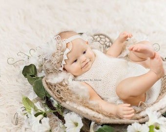 Vanilla Lattè rosette headband, couture headband, baby headband, vintage headband, newborn headband, beige headband, over the top bow