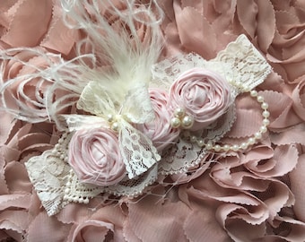 Blush pink couture headband, rosette headband, newborn headband, baby headband, over the top bow, pink bow