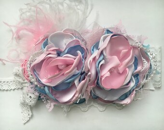 Ces't La Vie pink and blue over the top headband, couture headband, baby headband, over the top bow, custom bow, girls headband