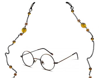 Eye Catching Eyeglass Chain with Three Different Shapes of Amber Glass Beads and Oxidized Sterling Silver Chain