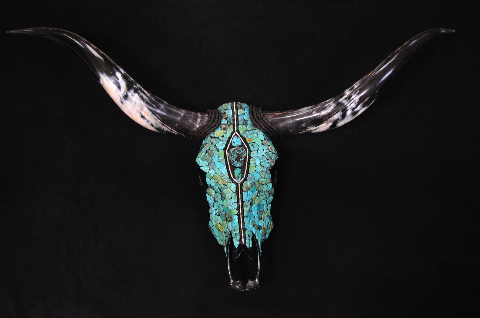 Stunning Longhorn Steer Skull With Kingman Turquoise and Silver