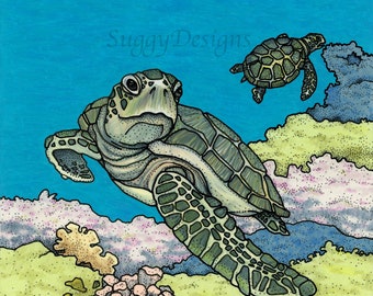 Hawaiian Green Sea Turtle 8 x 10 Giclee Print of Original Pencil & Ink Illustration