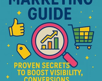 May include: A teal book cover with the title "eBay MARKETING GUIDE" in large blue letters. The cover includes illustrations of a thumbs-up, a price tag, a magnifying glass, and a shopping cart. The text reads "PROVEN SECRETS TO BOOST VISIBILITY, CONVERSIONS & REPEAT SALES."