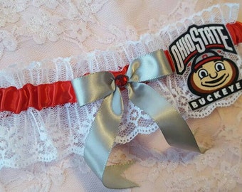 Ohio State Buckeyes OSU Inspired College University Wedding Garter Belt or Set White Lace