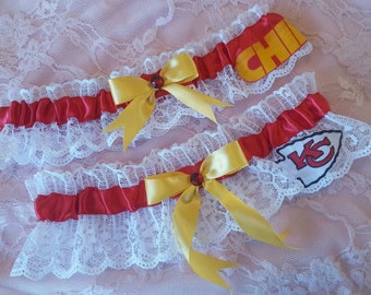 Kansas City Chiefs Inspired Wedding Bridal Garter Belt Set w/ White Lace