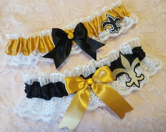 New Orleans Saints Football Inspired Wedding Bridal Garter Belt or 2pc Set w/ White Lace