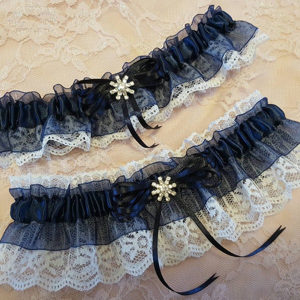 Navy Blue Wedding Garter Belt Toss or Set White Lace Winter Glittery Snowflake Charm Sparkly Snow Themed