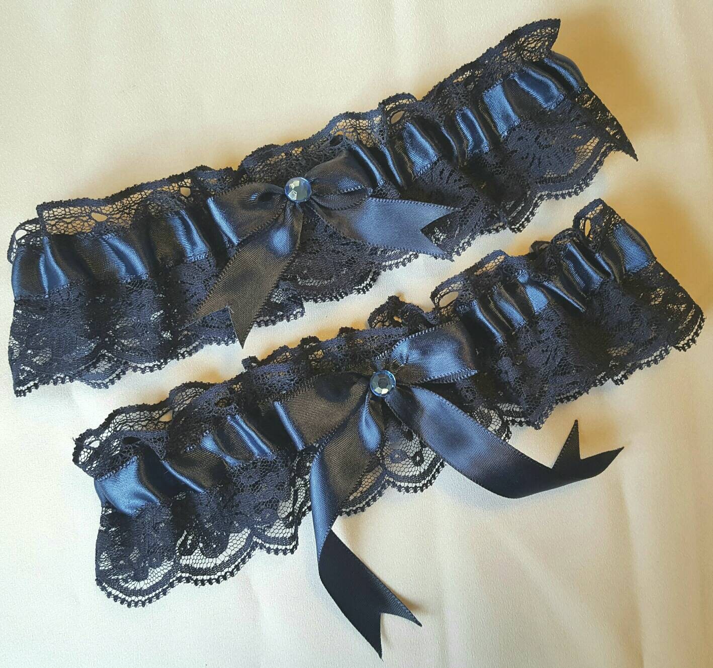 Navy Blue Satin & Lace Wedding Garter Belt Set W/ Rhinestone Etsy Canada
