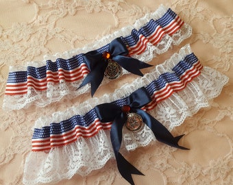 American Flag Military Wedding Garter Belt or 2pc Set Toss w/ White Lace  US Air Force Navy Marines Army