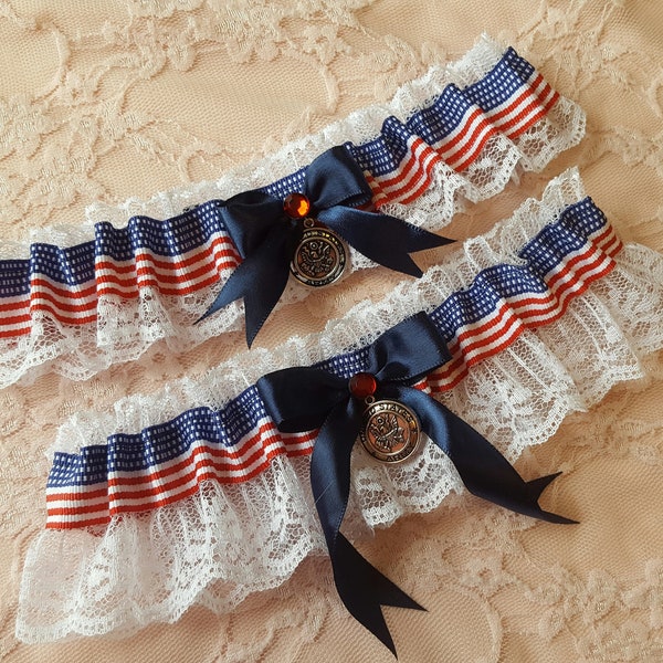 American Flag Military Wedding Garter Belt or 2pc Set Toss w/ White Lace  US Air Force Navy Marines Army