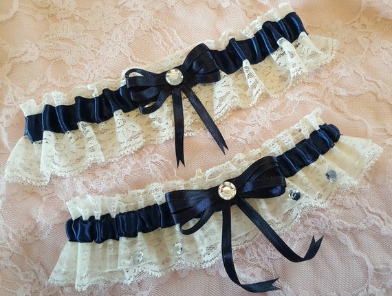Navy Blue & Ivory Lace Wedding Garter Belt Set Crystal - Etsy