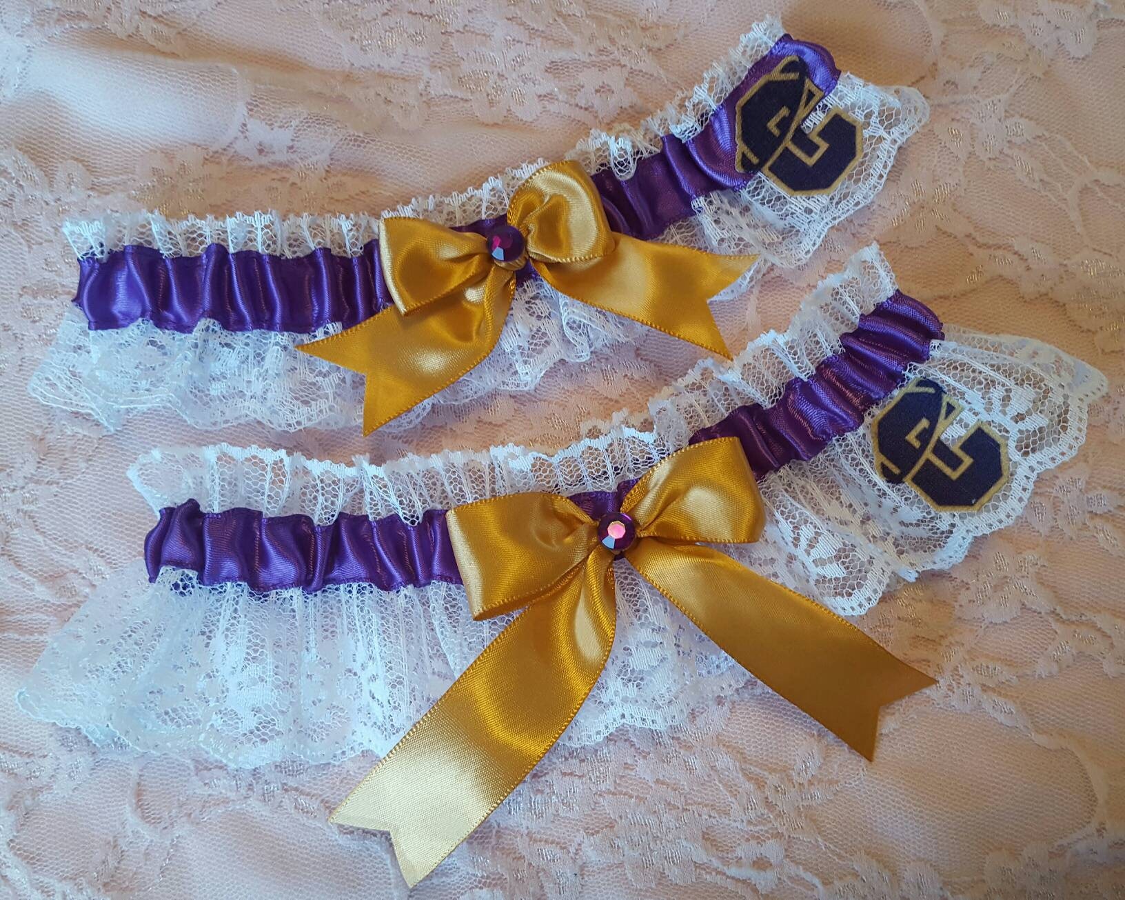 Purple and Gold Wedding Garter Belt or Set w White Lace