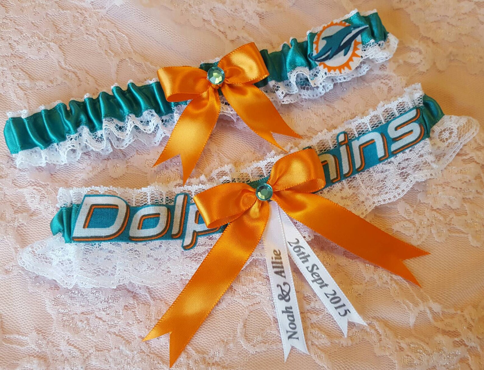 Miami Dolphins Football Inspired Wedding Bridal Garter Belt Set W