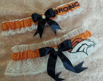 Denver Broncos Inspired Football Wedding Garter Belt Set w/ White Lace