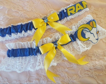 LA Rams Inspired Wedding Garter Belt 2pc Set w White Lace