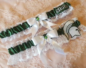 Michigan State Spartans MSU Themed Wedding Garter Belt Set w/ White Lace Go Green