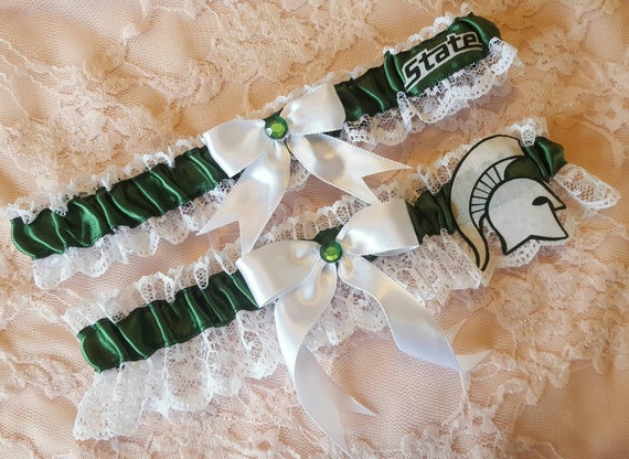Michigan State Spartans MSU Themed Wedding Garter Belt Set W/ White Lace Go  Green
