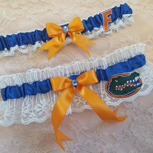 Florida Gators UF Blue and Orange Inspired White Lace Wedding Garter Belt Set
