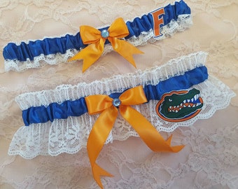 Florida Gators Inspired White Lace Wedding Garter Belt Toss and Keepsake Set