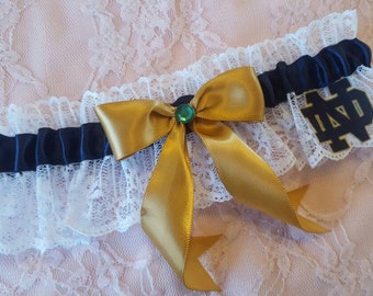 Navy Gold Satin White Lace Wedding Garter Belt or 2pc Set Green Rhinestone