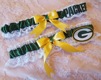 Green Bay Packers Inspired Wedding Garter Belt Set w/ White Lace