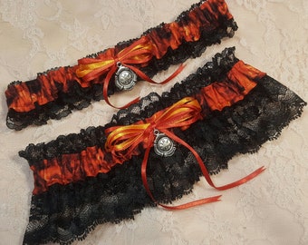 Fire Fighter Fireman Flames Wedding Bridal Garter Belt or 2pc Set w/ Charm Black Lace