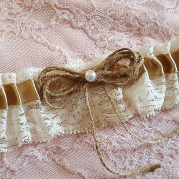 Champagne & Ivory Lace Rustic Wedding Garter Belt Toss or Set w/ Pearl and Twine