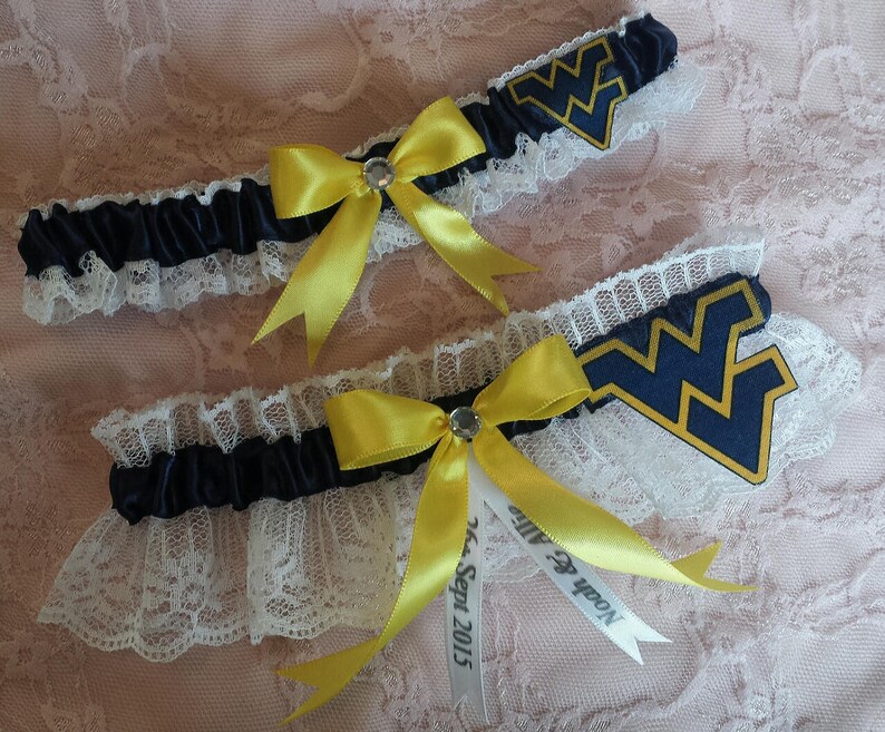 West Virginia University Mountaineers WVU Inspired White Lace Wedding Garter Belt Set