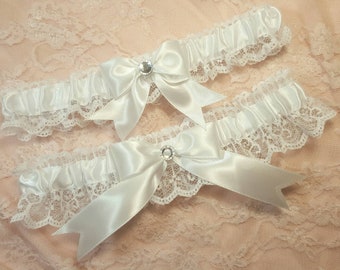 White Satin and Lace Wedding Garter Belt or 2pc Set