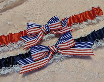 Red and Navy Blue American Flag Bow Military Wedding Garter Belt Toss or 2pc Set w/ White Lace  US Air Force Navy Marines Army